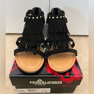 Fergalicious Strappy Flat Sandal Black “Dusty” Fringe accents